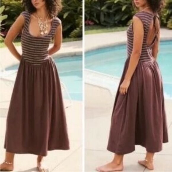 FP Beach Alana French Roast Combo Open Back  Basque Waist Midi Dress Size M - Picture 1 of 12